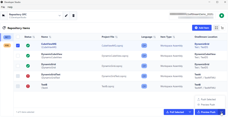 The drop-down arrow for the Push button is selected to dispaly the Push Selected and Preview Push options